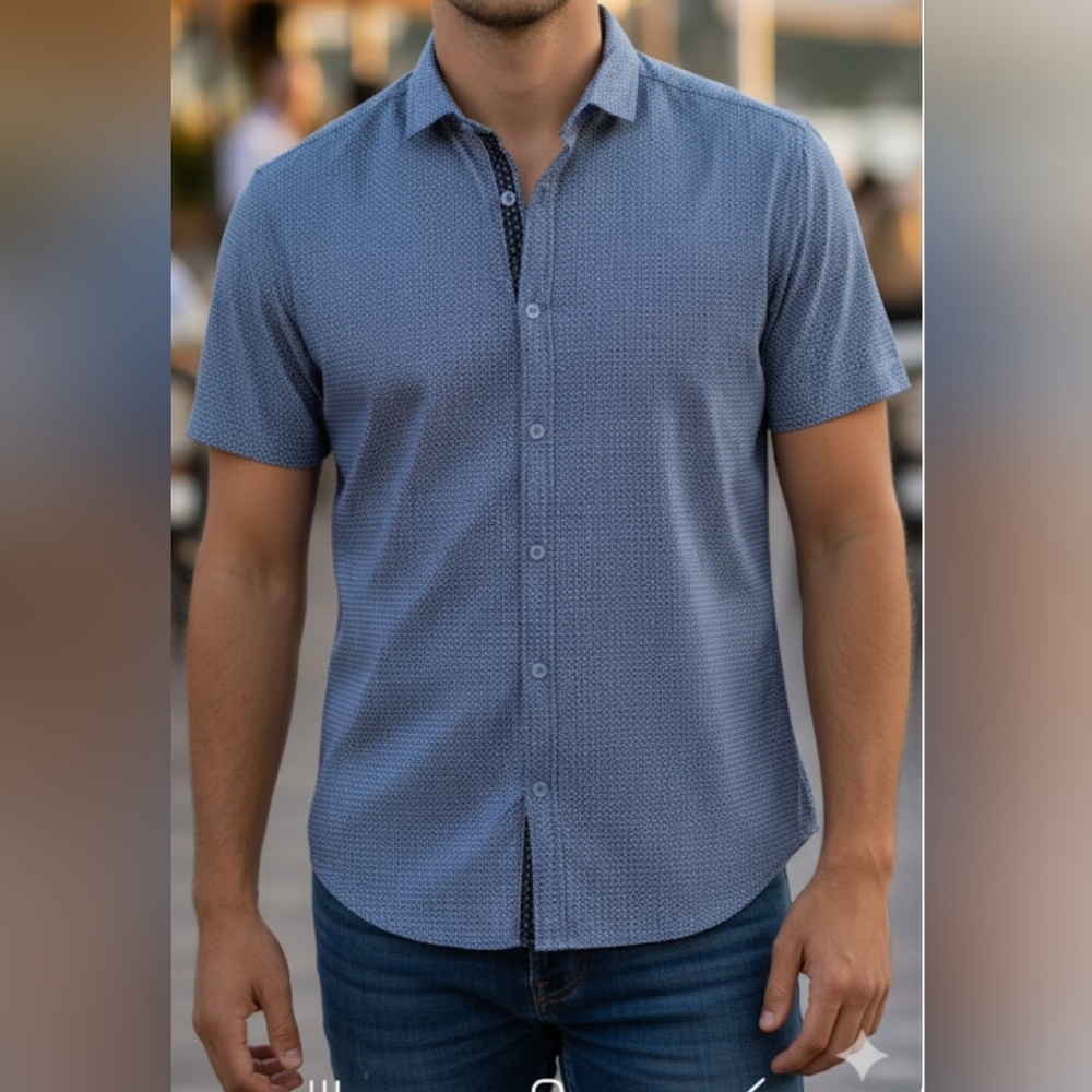 Essex Crossing Men's Powder  Blue‎ Stretch Short Sleeve Button-Up Shirt Size S